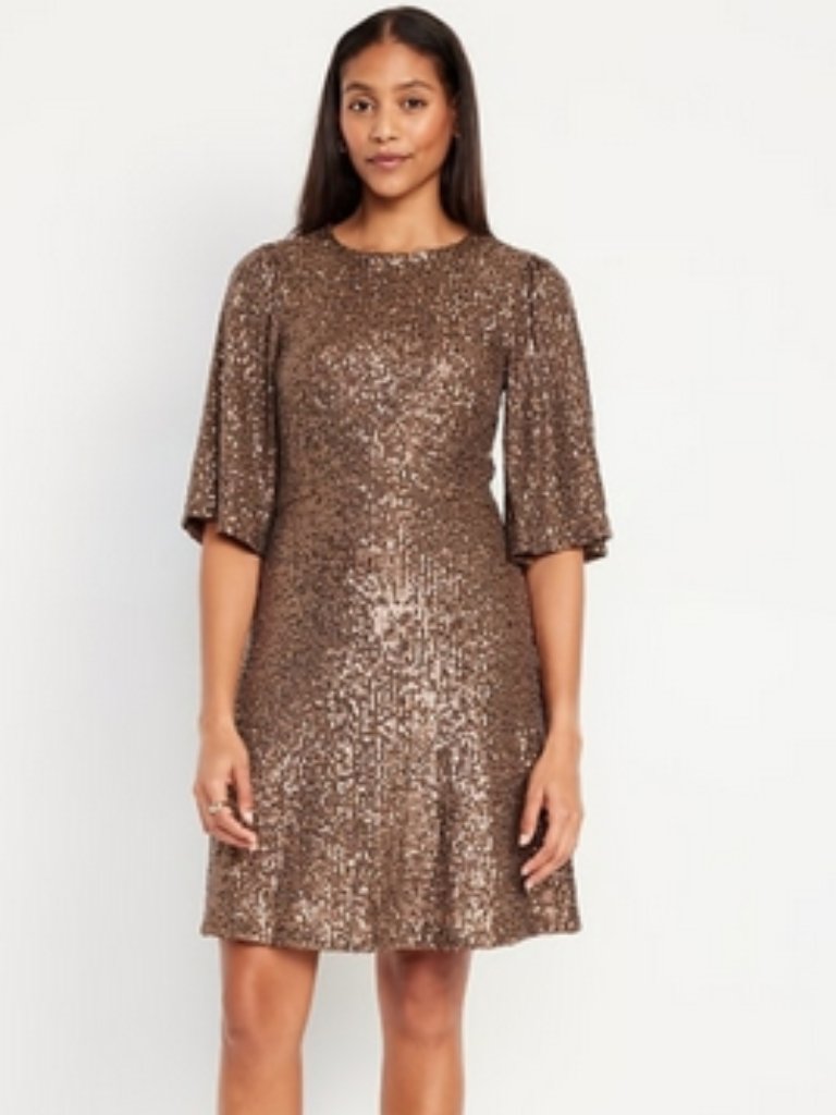 Old Navy Sequin Bronze Short Flutter Sleeve Shift Midi Dress Xl